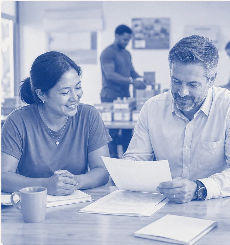 A nonprofit director and CPA reviewing reinstatement documents together